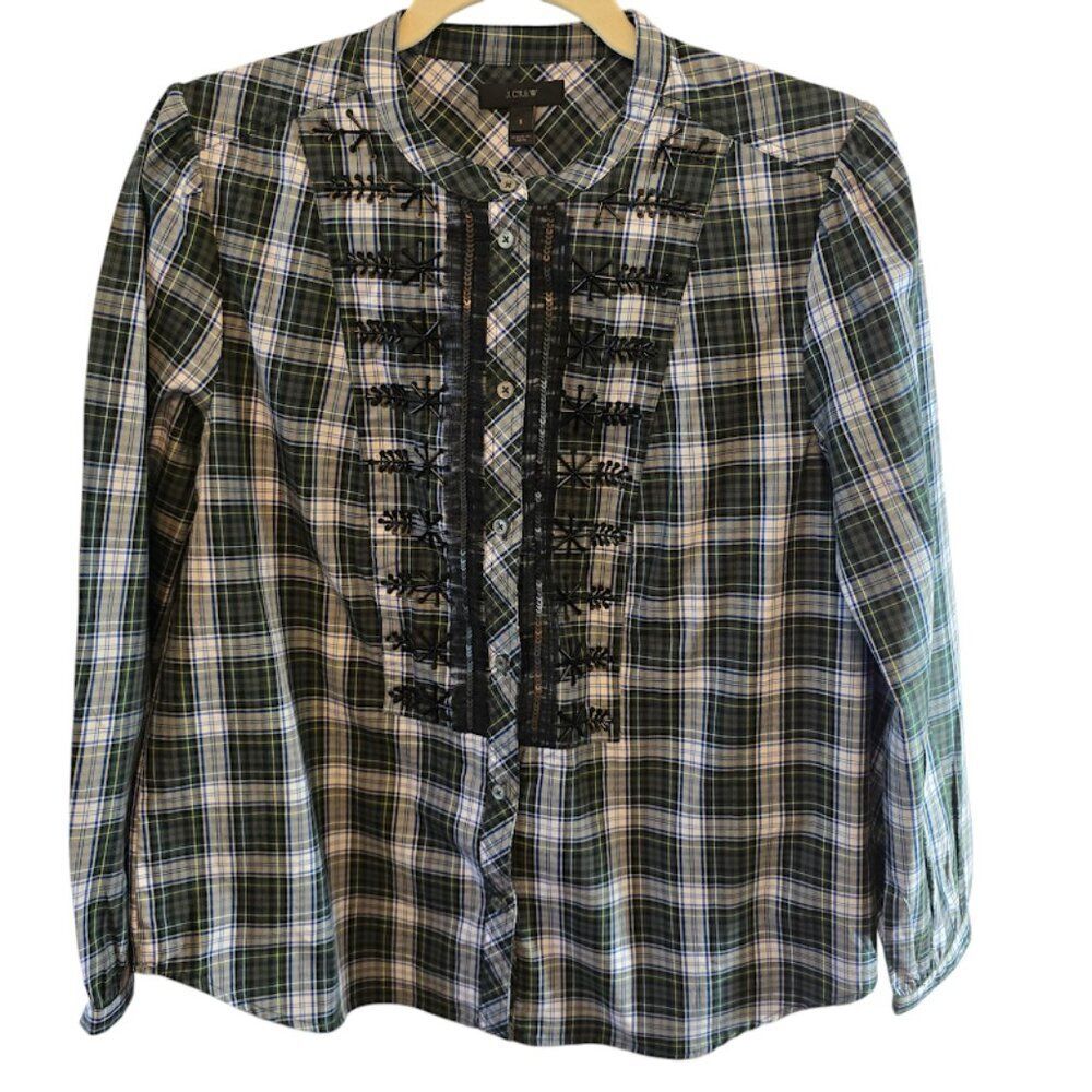 J. CREW FOREST GREEN TARTAN PLAID SHIRT SIZE SMALL EMBELLISHED BUTTON DOWN